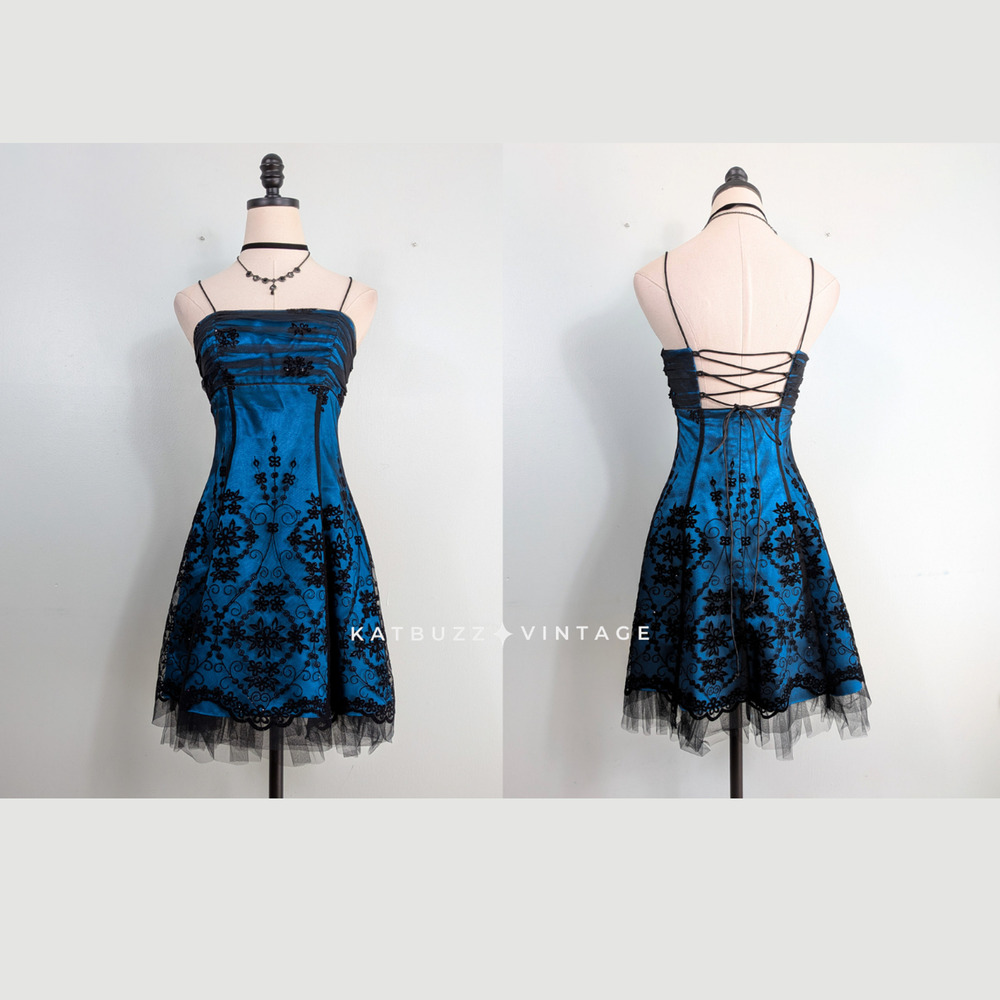 Vintage Nites Prom Dress Mini Gown 4 Blue Black Corset Y2K Hoco Goth Floral Lace